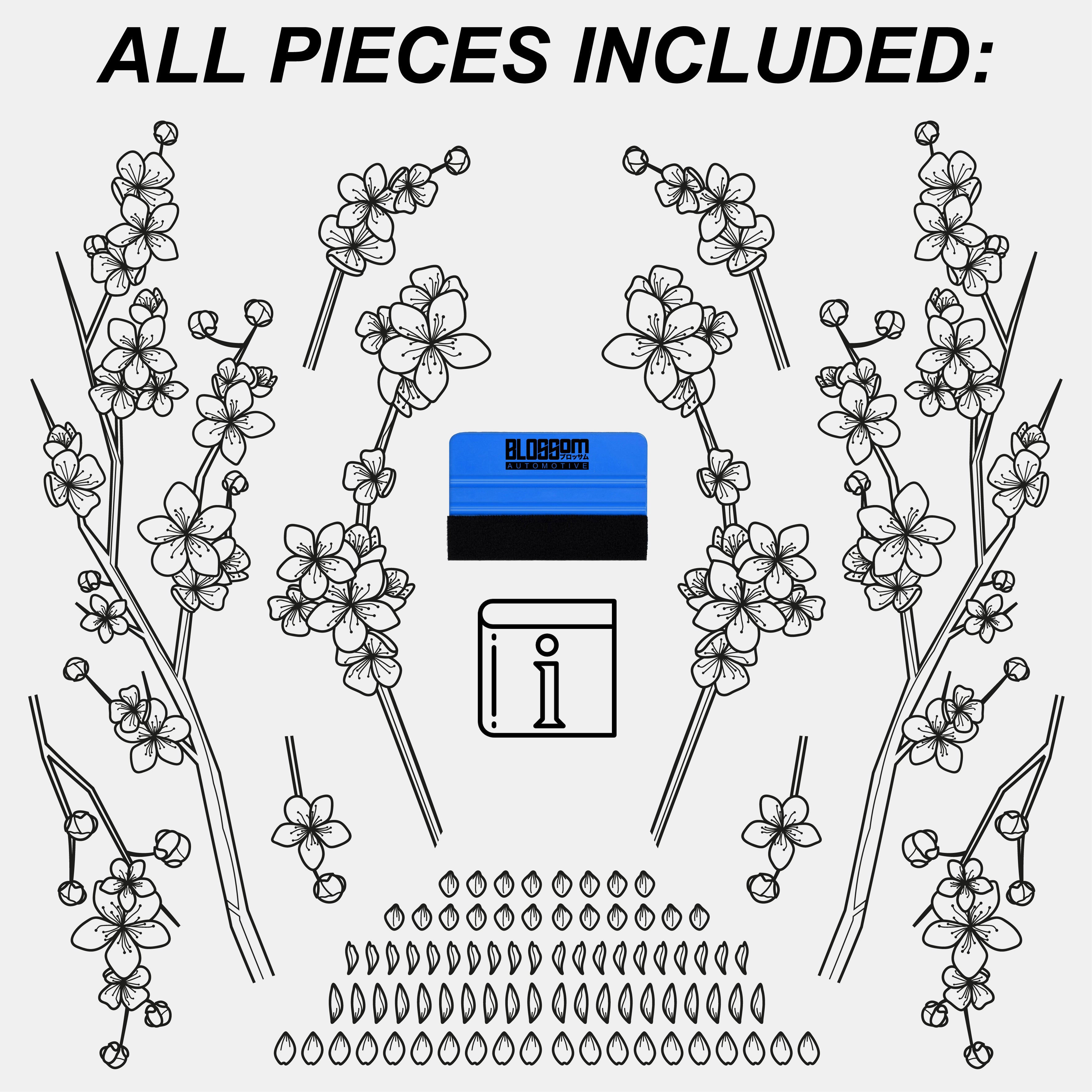 ALL PIECES INCLUDED: Illustration shows six cherry blossom branches, a blue squeegee tool, an instruction booklet, and many small petal shapes from Blossom Automotive’s DIY Outline Blossoms - Universal Customisable Livery kit.