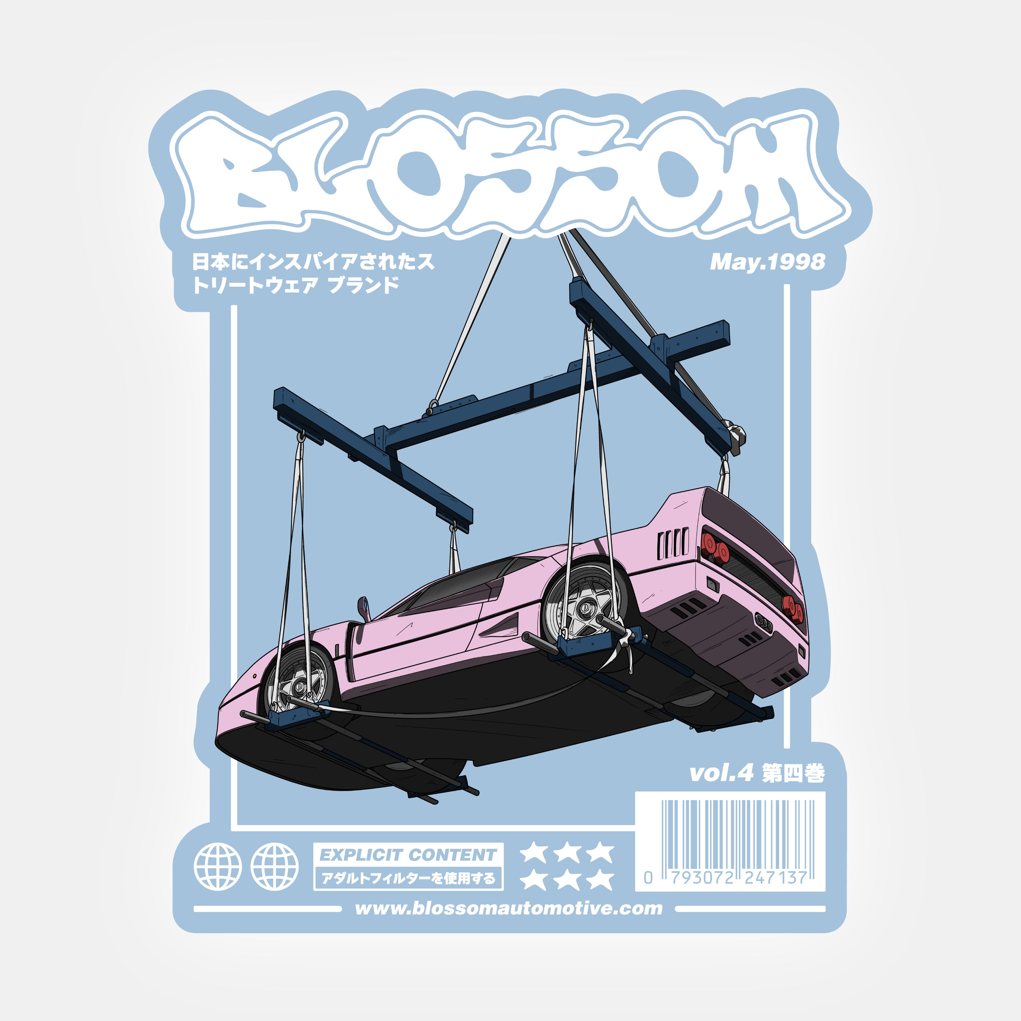 Illustration of a pink sports car hanging by straps from a metal frame on a blue background, with "BLOSSOM" and Japanese text. Magazine cover style, May 1998 date. The Bubblegum Collection - Slap Sticker by Blossom Automotive.