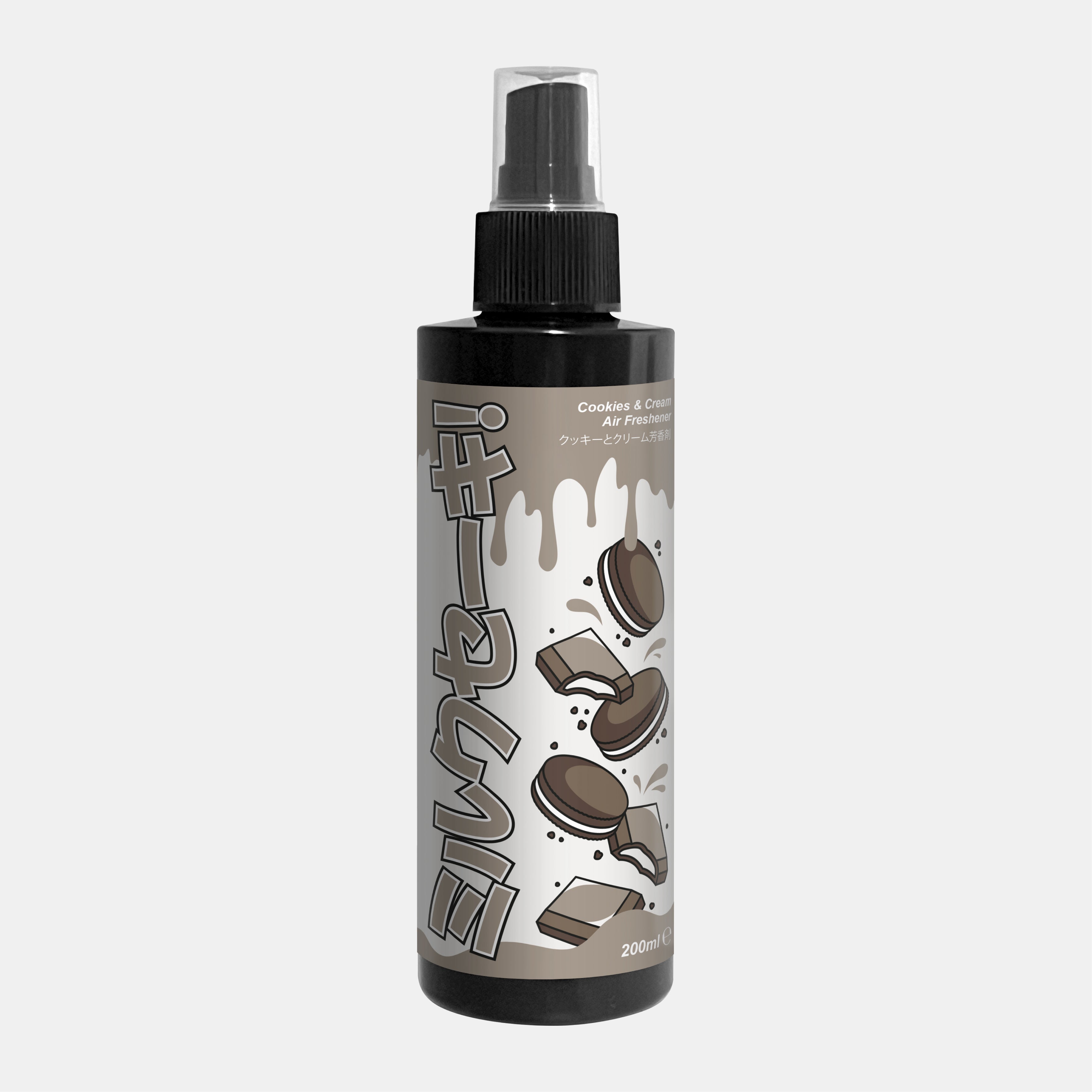 A black 200ml spray bottle of Blossom Automotive's "The Milkshake Collection" Car Spray Air Freshener, Cookies & Cream, with cartoon cookies and milk splashes on a gray background.