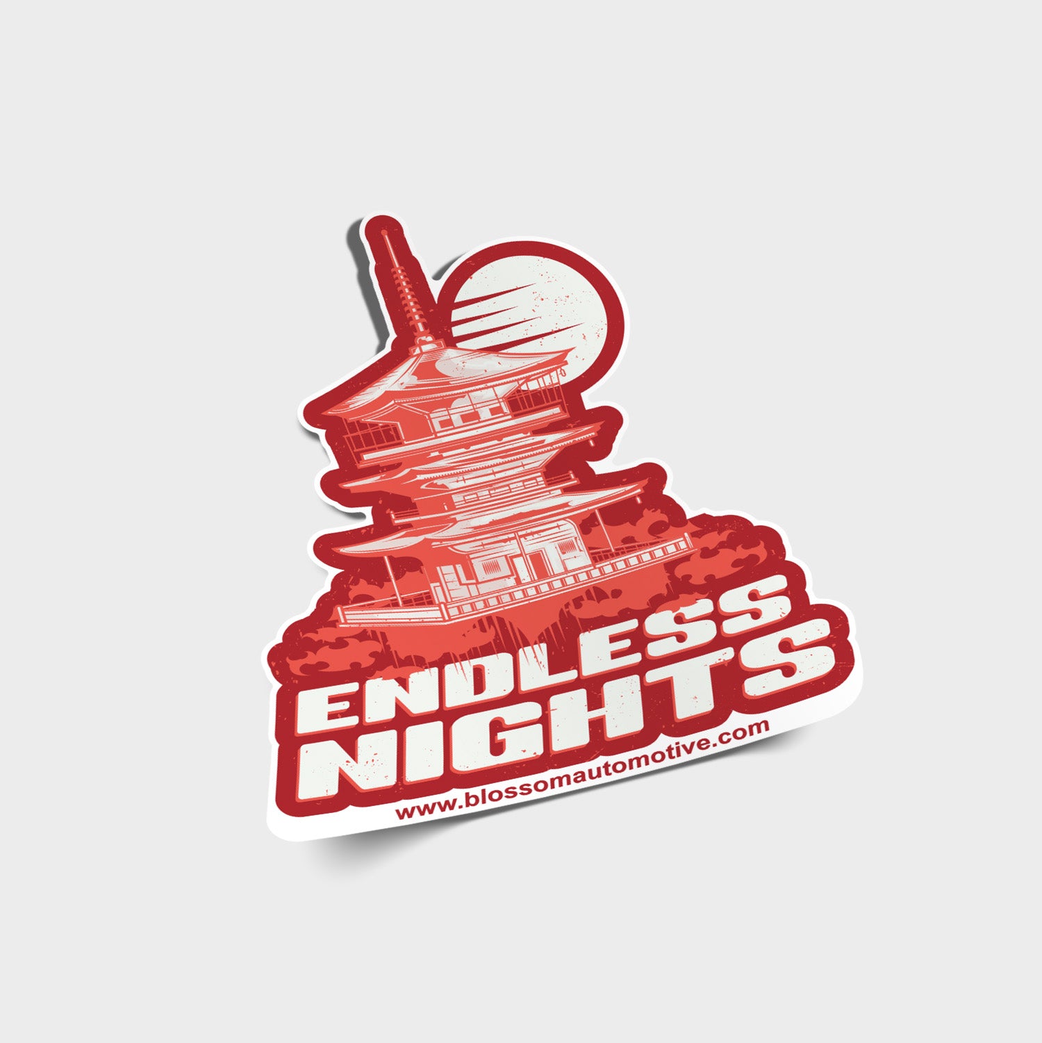 Endless Nights Cutout - Slap Sticker by Blossom Automotive features a red, stylized pagoda with a large moon and bold “ENDLESS NIGHTS” text. The website www.blossomautomotive.com appears at the bottom.