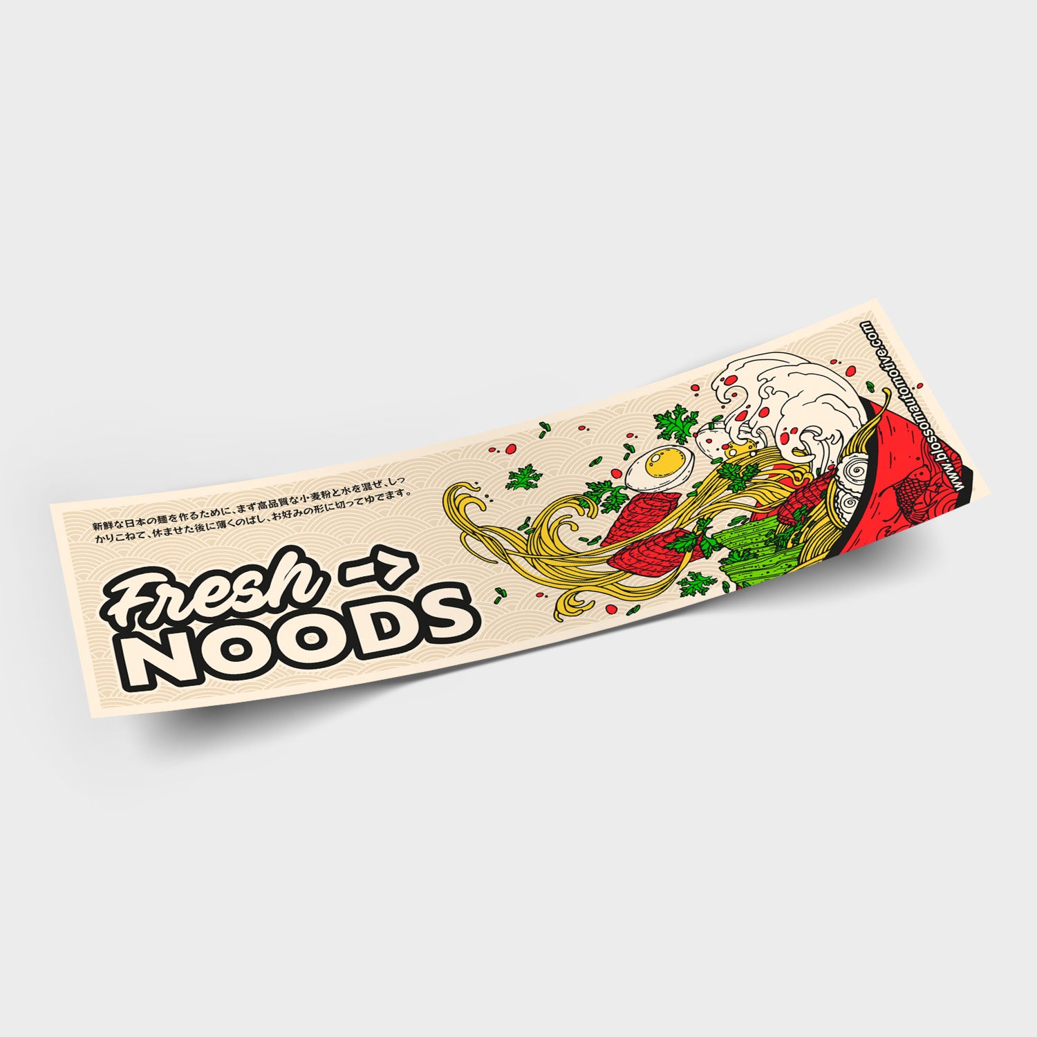 The Blossom Automotive Fresh Noods - Slap Sticker features a vibrant “Fresh NOODS” label with an illustrated ramen bowl, noodles, egg, greens, chopsticks, and broth splashes on a light background.