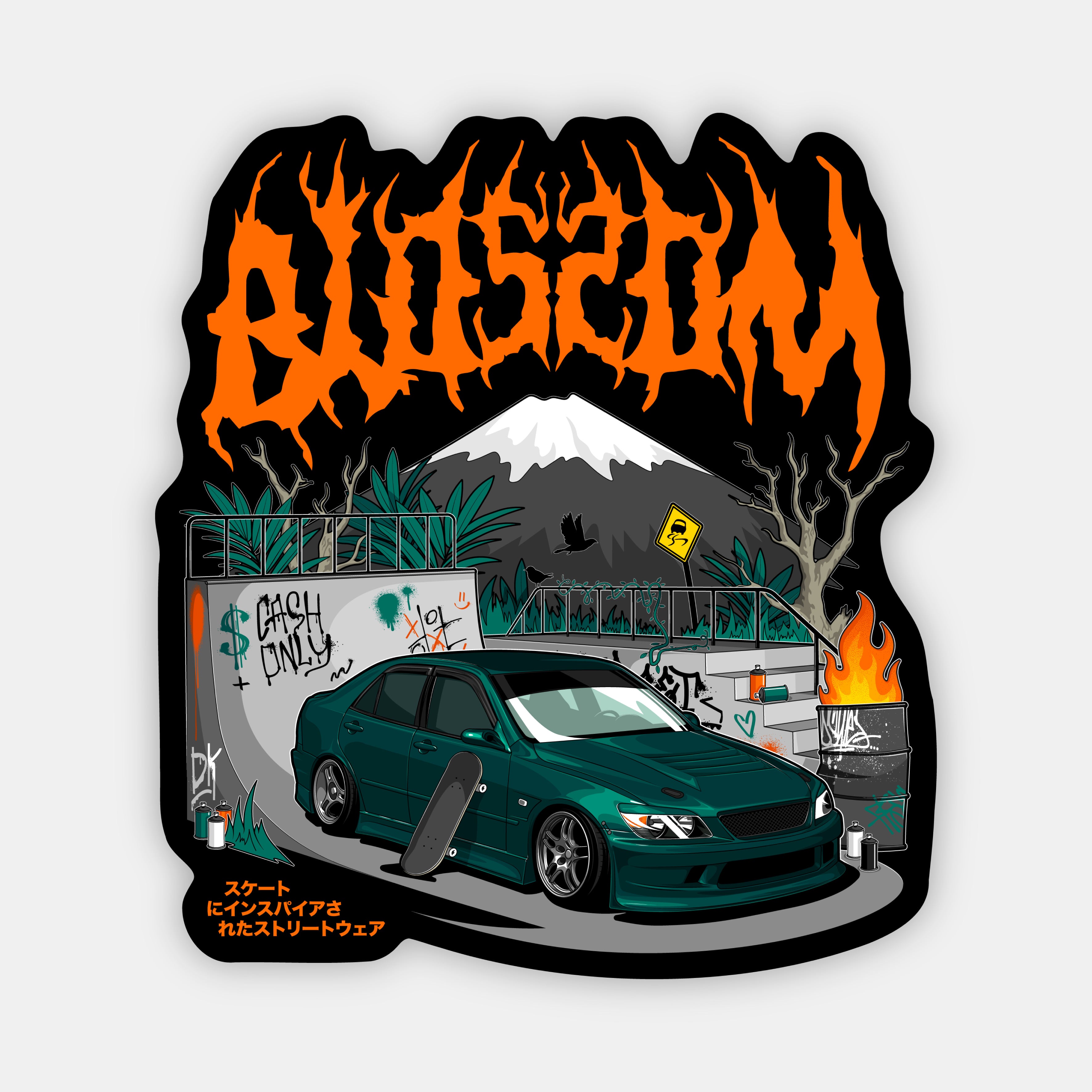 A dark green sports car from Blossom Automotive's The Skate Collection - Slap Sticker is parked by graffiti walls, a skateboard nearby. A volcano smokes under an orange Blossom logo and neon Japanese text glows in the background.