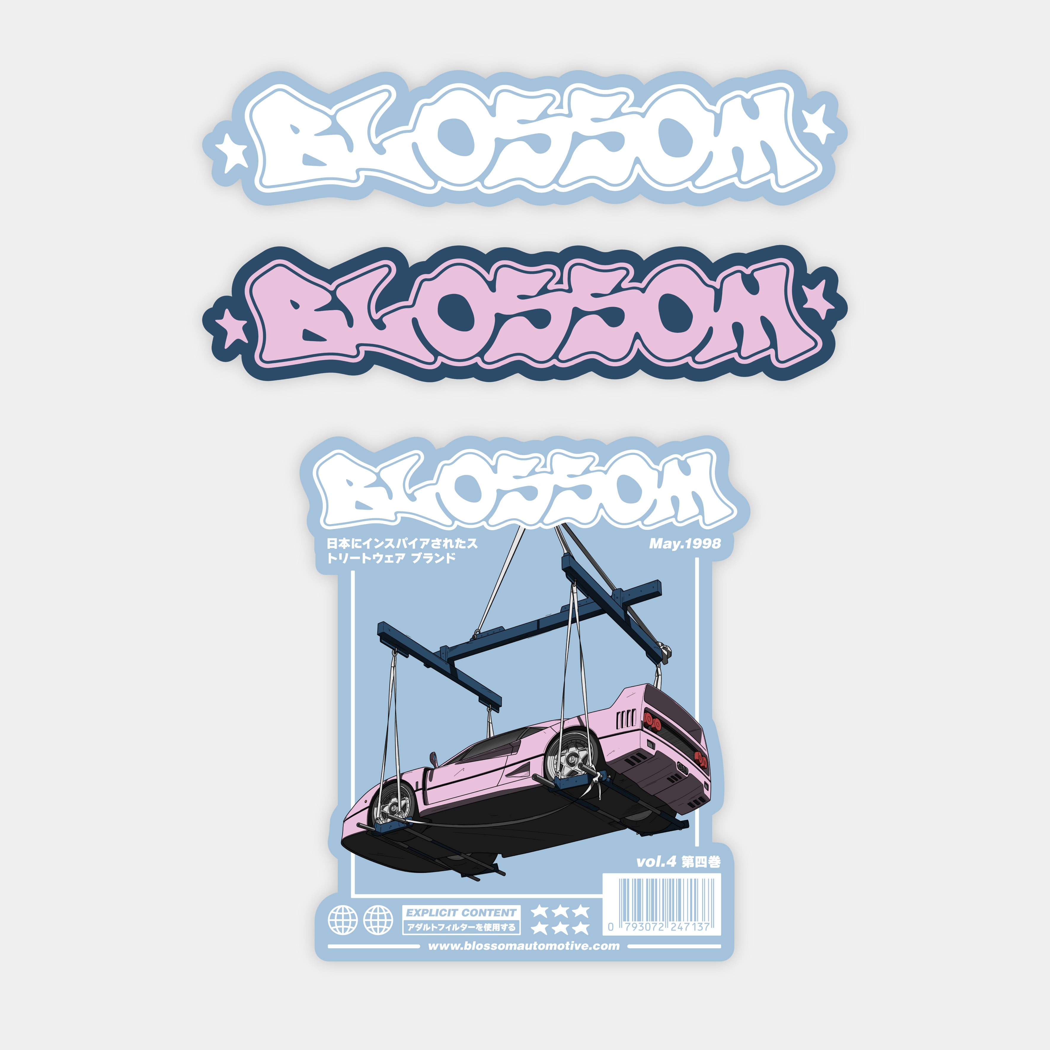 The Bubblegum Collection Sticker Bundle by Blossom Automotive features three stylized Blossom graphics: two with graffiti fonts and one on a poster with a pink car, cranes, Japanese text, barcode, stars, and “May 1998” at the top right.