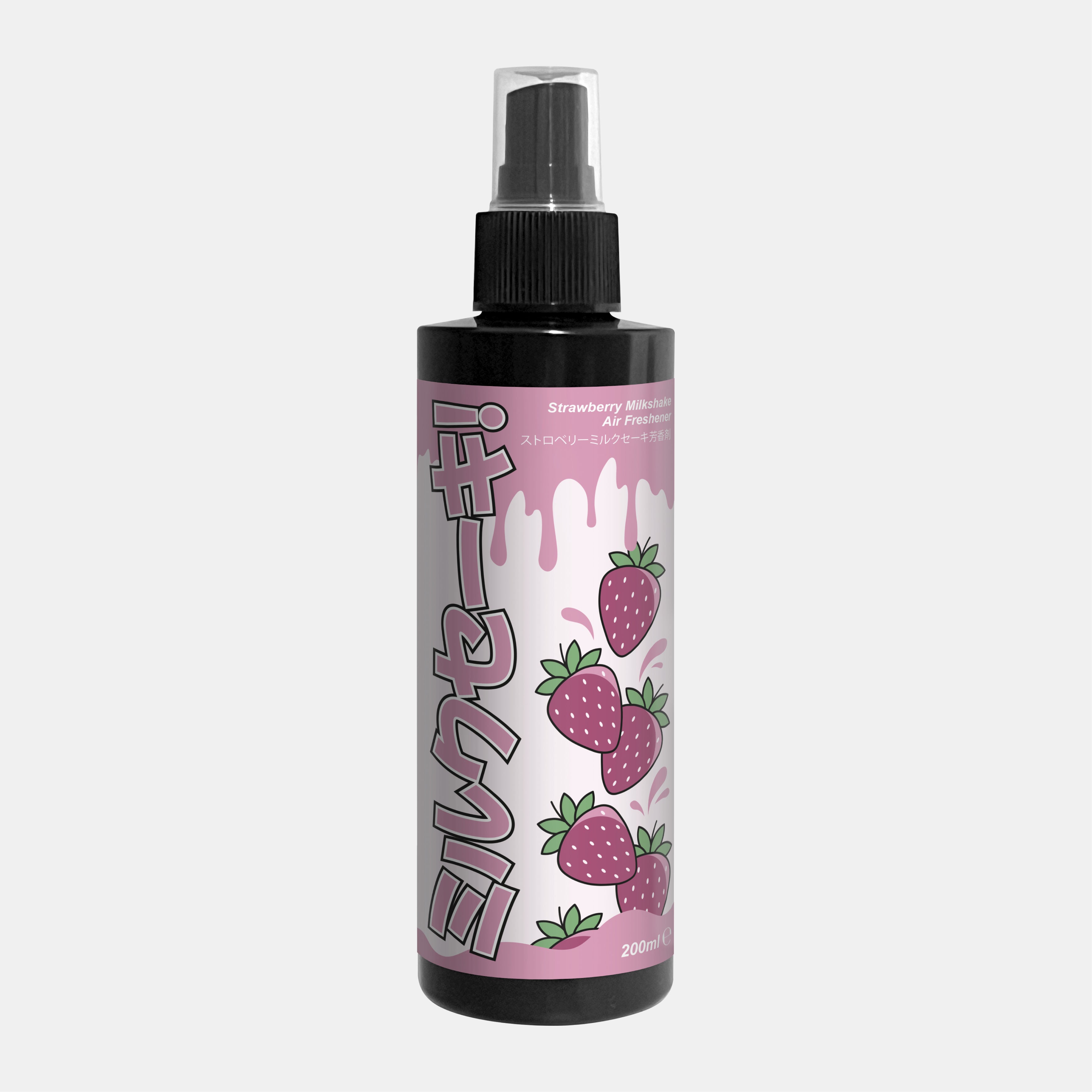 A black spray bottle from Blossom Automotive’s ‘The Milkshake Collection’ features a pink label with illustrated strawberries, milk drips, Japanese text, and reads “Strawberry Milkshake 200ml” on a gray background.