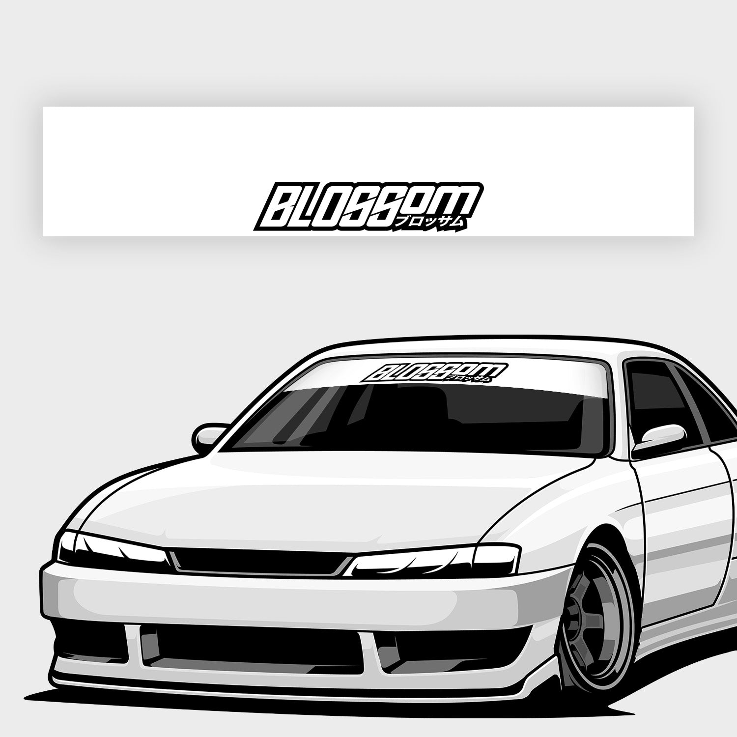 Black and white illustration of a modified sports car viewed from the front-left, featuring a Blossom - Sunstrip Banner by Blossom Automotive across the windshield and a stylized “BLOSSOM” text above the car.