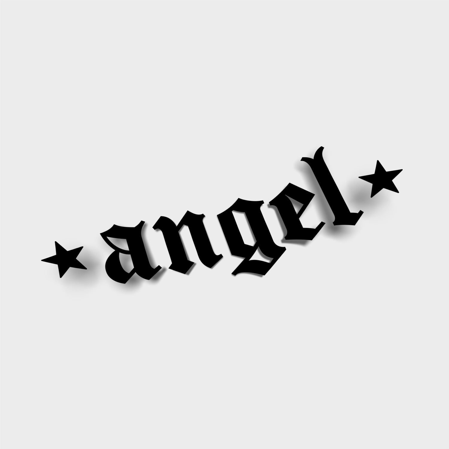 The Blossom Automotive "Angel" Die Cut Sticker features the word “angel” in bold, black, slanted gothic font with a star on each side and soft shadows, set against a light gray background.