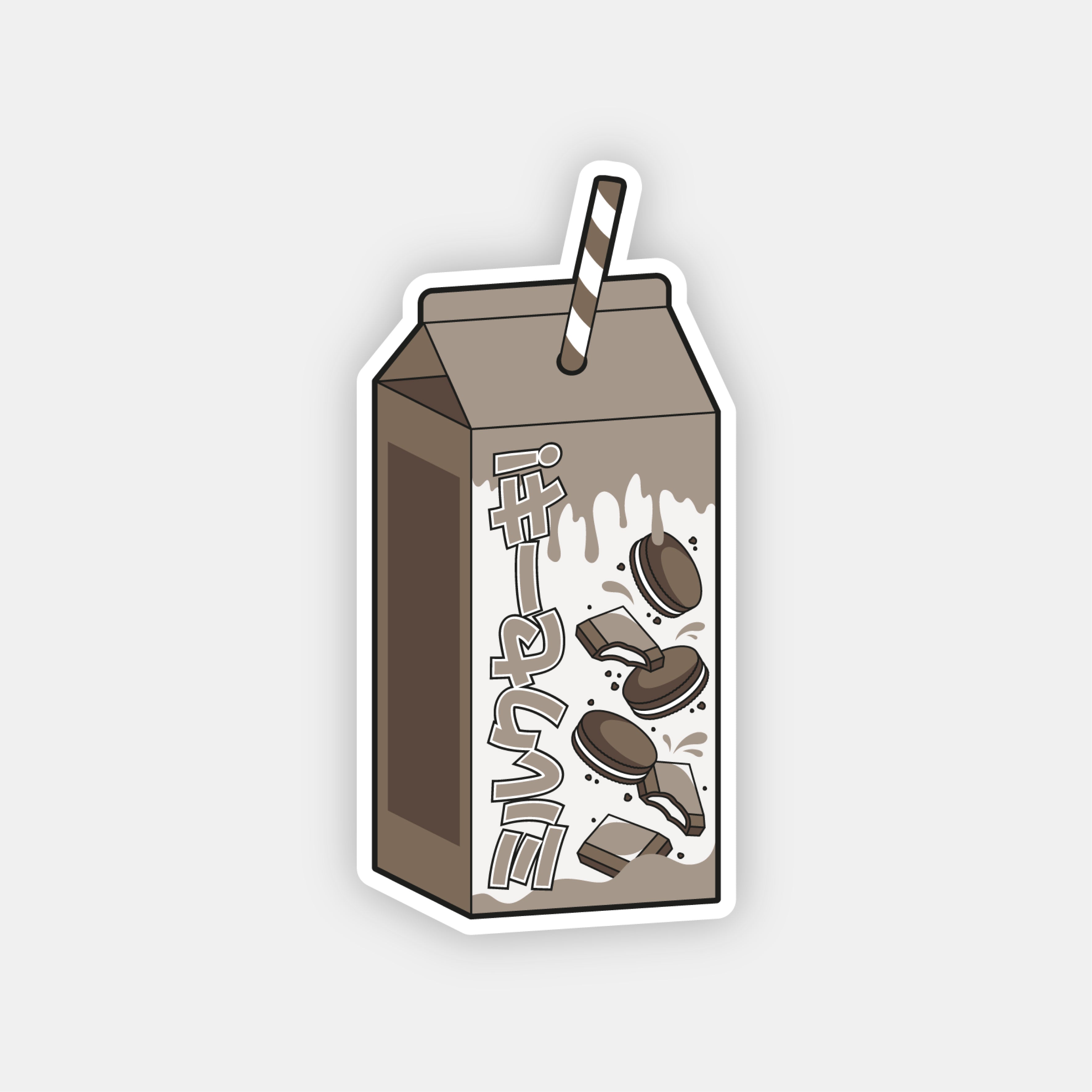 A cartoon-style "Cookies and Cream Milkshake" Slap Sticker by Blossom Automotive shows a chocolate milk carton with a striped straw, playful text, milk splashes, chocolate pieces, and a white border on a light gray background.