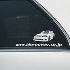 The Toyota Chaser - Slap Sticker by Blossom Automotive features an illustrated white sports sedan with visible door and window frame, plus www.hks-power.co.jp in bold white text.