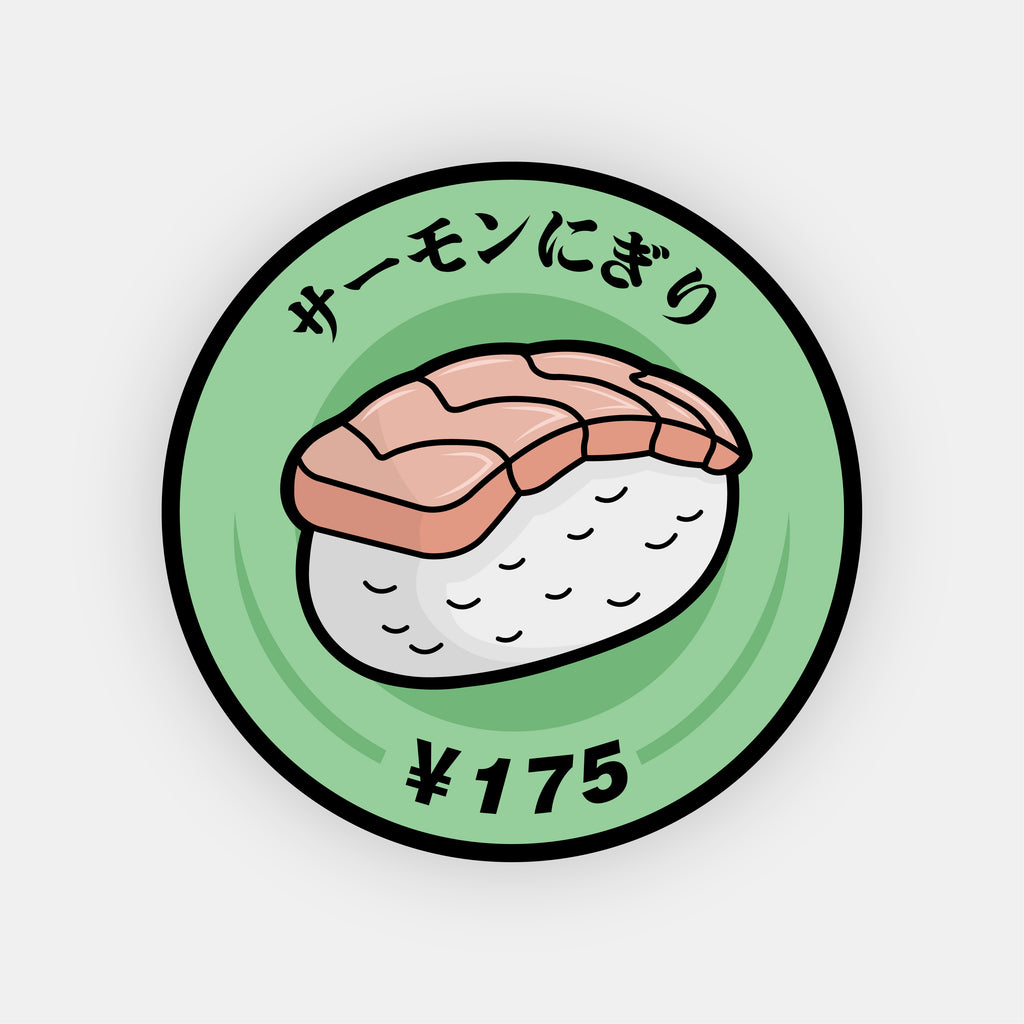 A Blossom Automotive "Nigiri Sushi - Slap Sticker" shows a cartoon-style salmon nigiri on a green plate. Japanese text above reads サーモンにぎり (salmon nigiri), with ¥175 below to indicate the price.