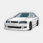 A detailed illustration of the Toyota Chaser by Blossom Automotive, featuring a sleek white sports sedan with tinted windows, black wheels, and a low front bumper, viewed from the front left on a light gray background.