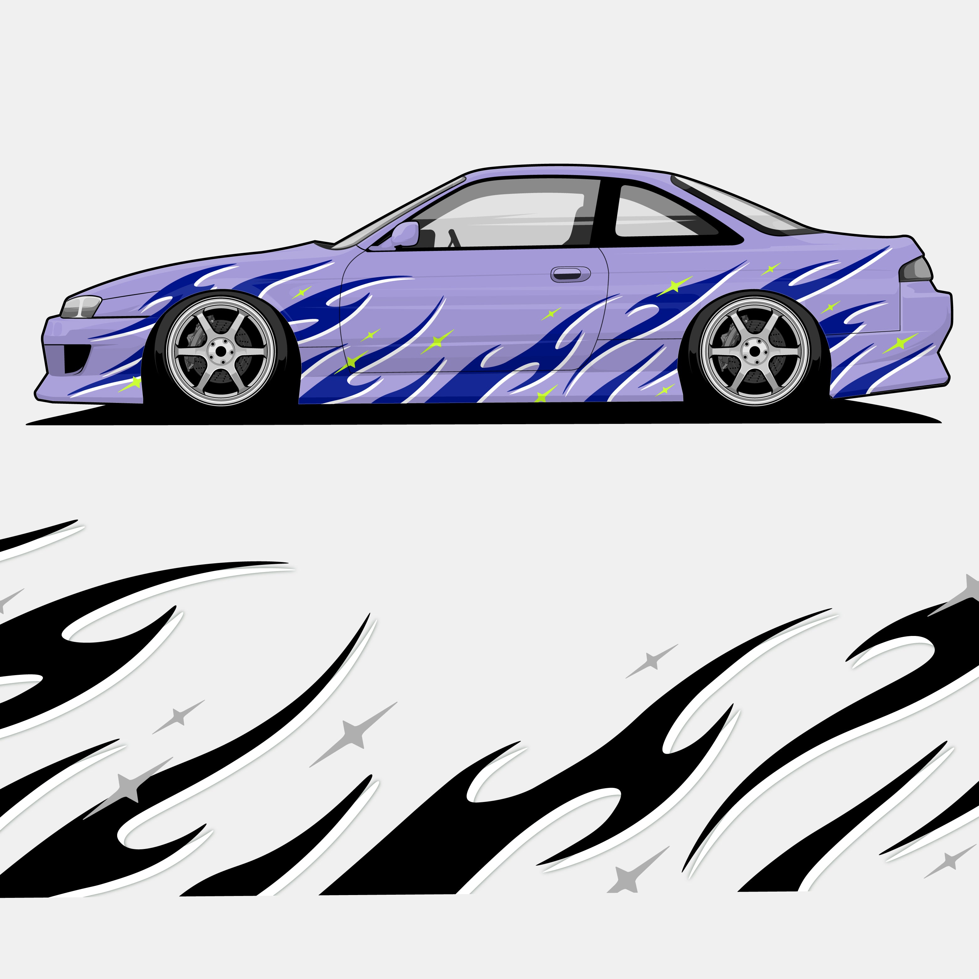 Illustration of a purple sports car in Blossom Automotive's DIY 'Akari Style' Tribal Universal Customisable Livery, featuring blue, black, and white flames and stars. A close-up highlights the premium vinyl flame design on the sides.