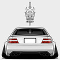 A stylized rear-view white sports car with wide tires, tinted windows, and a sword showcases the Blossom Automotive "Banish Negativity Oni Mask - XL Rear Window Die-Cut Sticker" with Japanese text above.