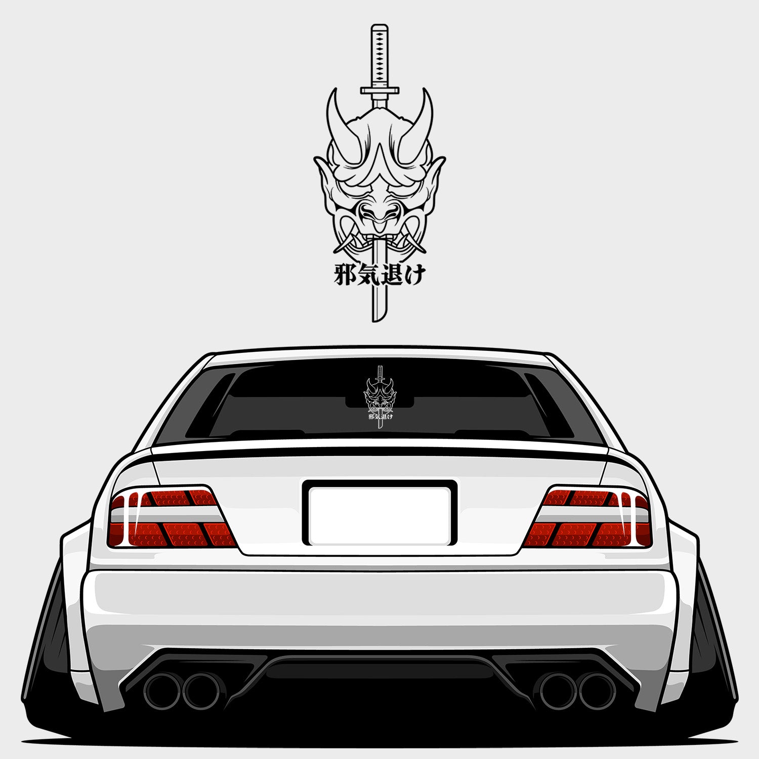 A stylized rear-view white sports car with wide tires, tinted windows, and a sword showcases the Blossom Automotive "Banish Negativity Oni Mask - XL Rear Window Die-Cut Sticker" with Japanese text above.