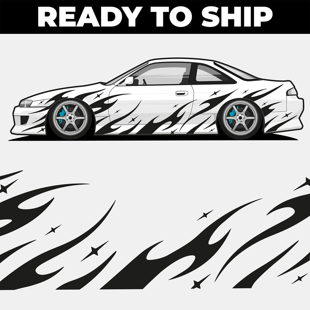 Car with Blossom Automotive Black Akari livery flame decals on it