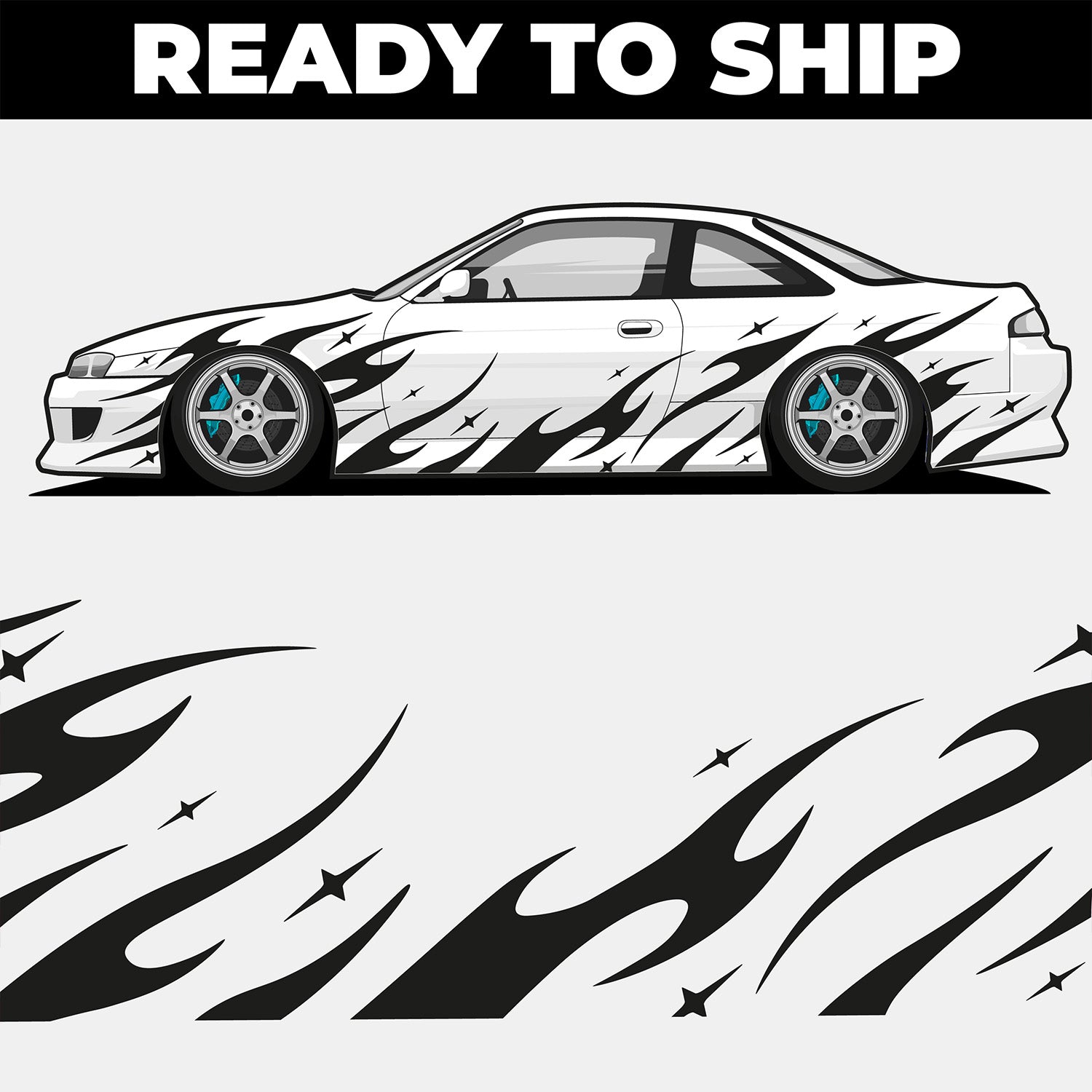 Car with Blossom Automotive Black Akari livery flame decals on it