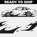 Car with flame decals and 'Ready to Ship' text on a white background