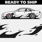 Car with flame decals and 'Ready to Ship' text on a white background