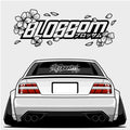 Illustration of a white sports car’s rear with wide tires and blossom decals. Above, “Blossom” in bold with cherry blossoms and Japanese text. Features the Blossom - XL Rear Window Die-Cut Sticker by Blossom Automotive.