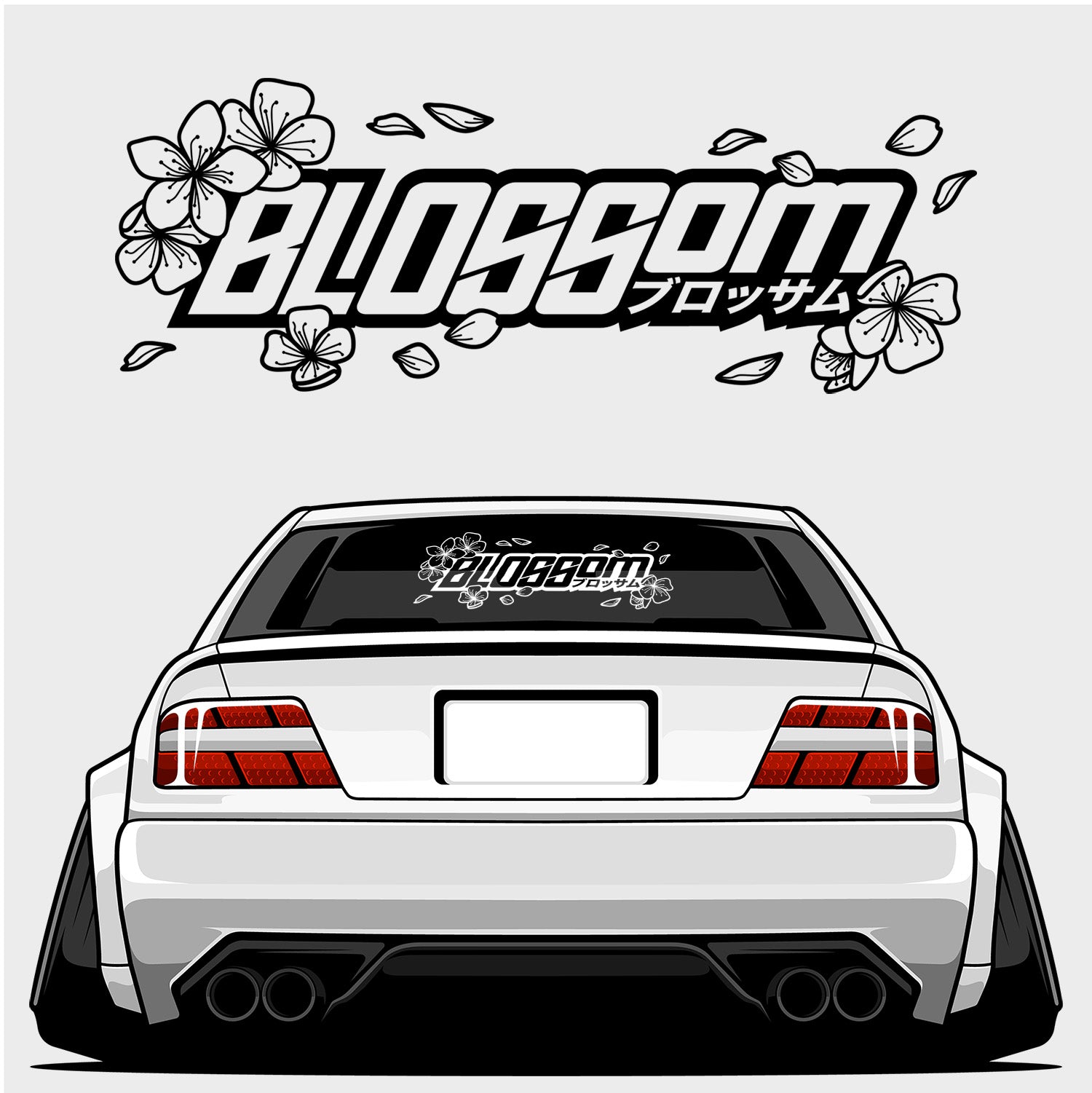 Illustration of a white sports car’s rear with wide tires and blossom decals. Above, “Blossom” in bold with cherry blossoms and Japanese text. Features the Blossom - XL Rear Window Die-Cut Sticker by Blossom Automotive.
