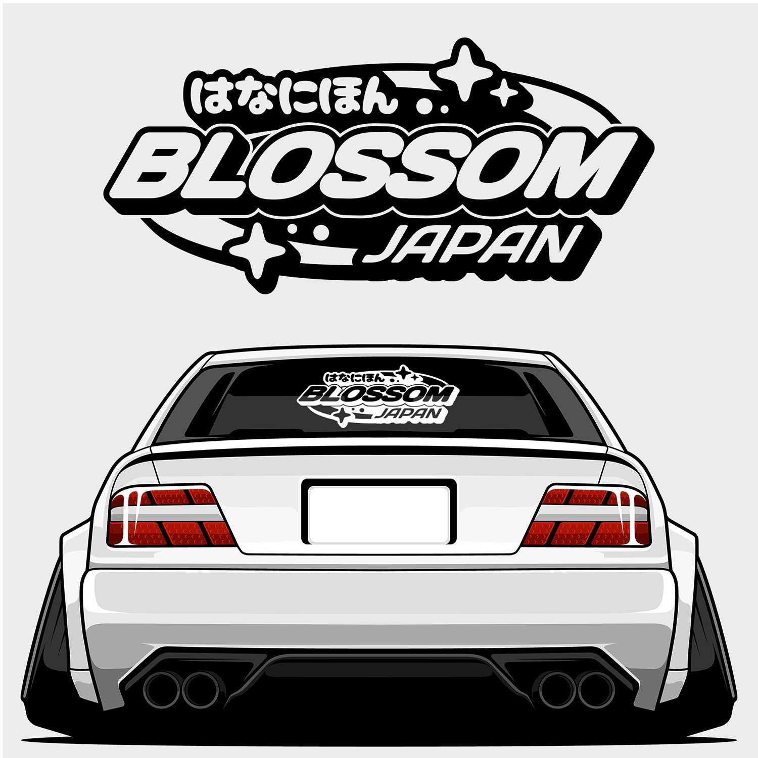 A stylized white car with wide tires features the Blossom Japan - XL Rear Window Die-Cut Sticker by Blossom Automotive, and the Blossom Japan logo with Japanese text and sparkles appears above.
