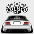 Blossom Automotive’s Cursed - XL Rear Window Die-Cut Sticker features graffiti-style flaming text and two dice above a modified white car with wide tires and a lowered stance, matching the design shown on the car's rear window.