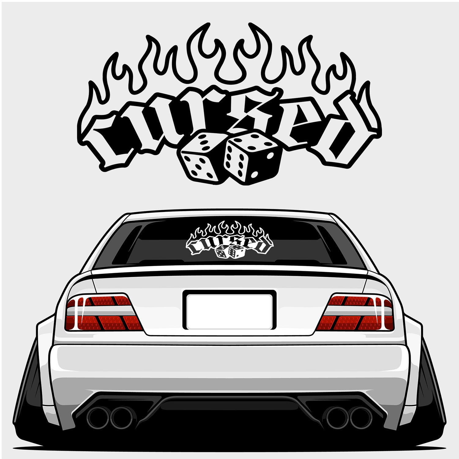 Blossom Automotive’s Cursed - XL Rear Window Die-Cut Sticker features graffiti-style flaming text and two dice above a modified white car with wide tires and a lowered stance, matching the design shown on the car's rear window.