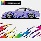 Illustration of a purple sports car in Blossom Automotive's DIY 'Akari Style' Tribal Universal Customisable Livery, featuring blue, black, and white flames and stars. A close-up highlights the premium vinyl flame design on the sides.