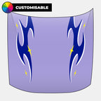 Customisable car hood with blue flame design and yellow stars on a light purple background