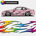 Pink car with flame decals and customizable option on a white background