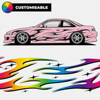 Pink car with flame decals and customizable option on a white background