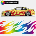 A white sports car with Blossom Automotive DIY 'Kaji Style' Tribal customisable livery featuring red flame decals, lowered with custom wheels. A matching black flame graphic is below on a light gray background.