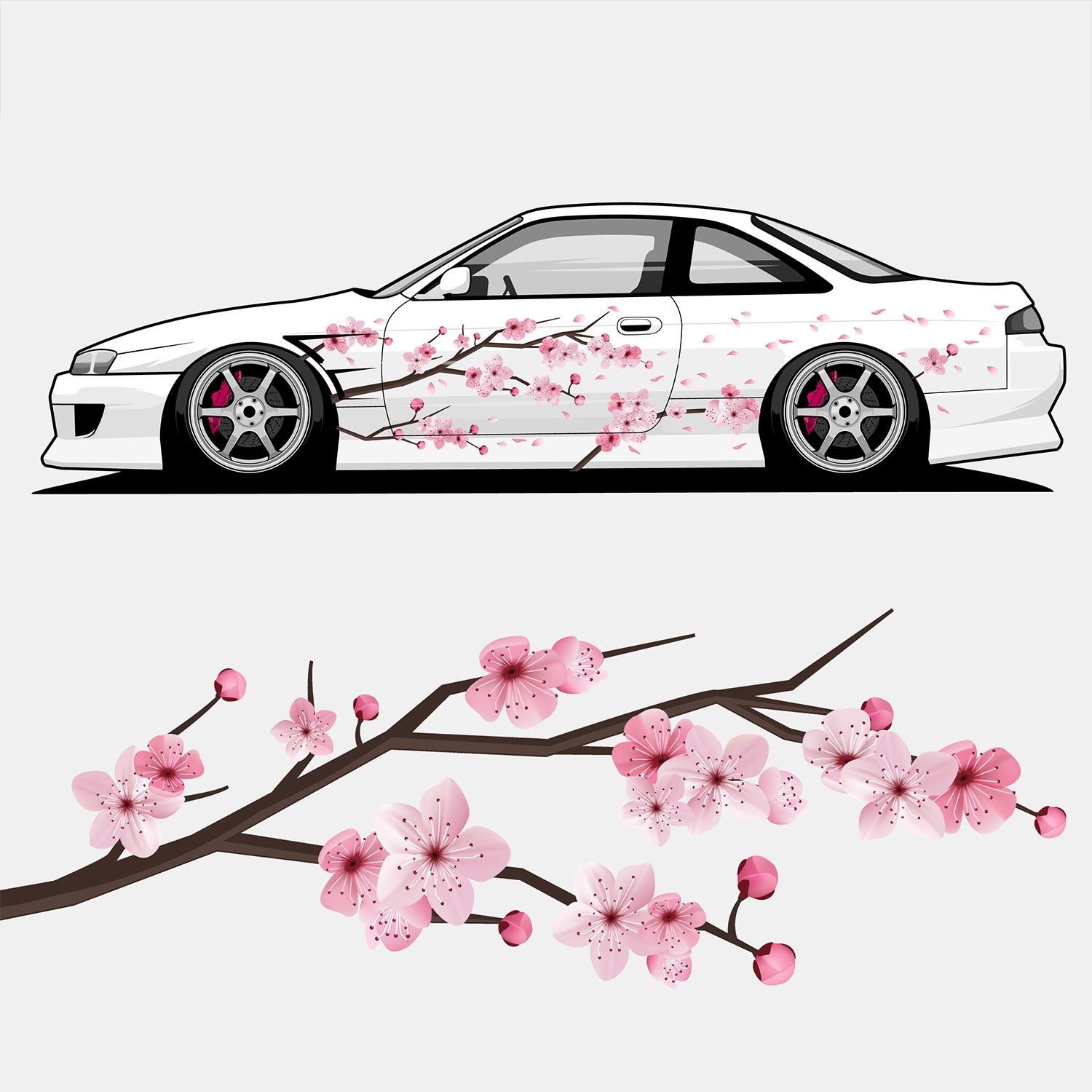 The Blossom Automotive DIY Pink Cherry Blossoms - Printed Livery features a white sports car with pink cherry blossom graphics, displayed above an illustrated branch adorned with pink flowers and buds.
