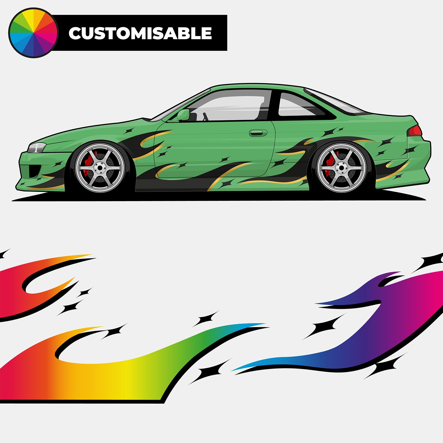 A white sports car features Blossom Automotive’s DIY 'Zoku Style' Tribal Universal CUSTOMISABLE Livery in black, gold, and white. A close-up of the flame decal appears below the car.