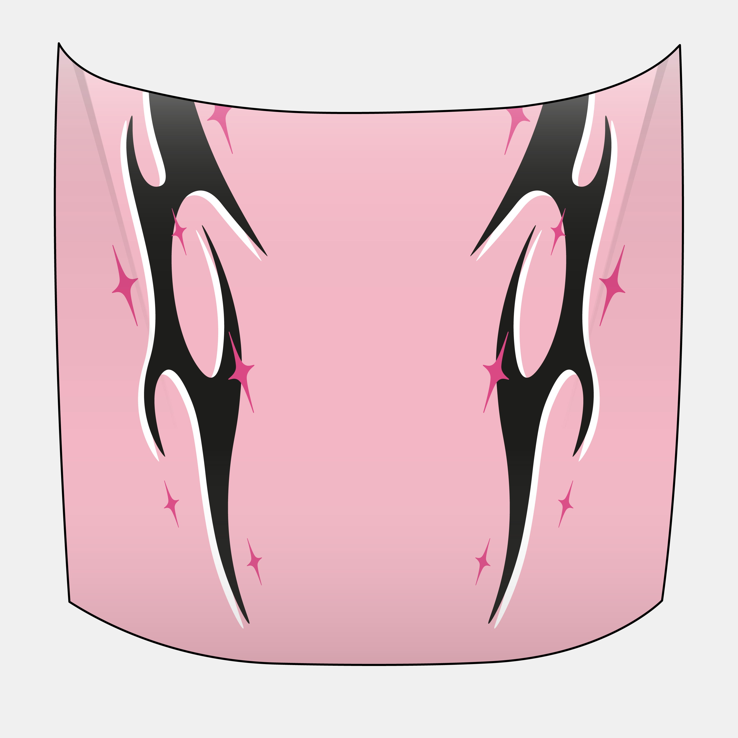The DIY 'Enra Style' Tribal Universal Customisable Hood Decals by Blossom Automotive feature bold black and white tribal flames and sparkling pink stars on a pink base, crafted with premium vehicle vinyl for a standout look.