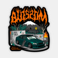 A dark green sports car from Blossom Automotive's The Skate Collection - Slap Sticker is parked by graffiti walls, a skateboard nearby. A volcano smokes under an orange Blossom logo and neon Japanese text glows in the background.