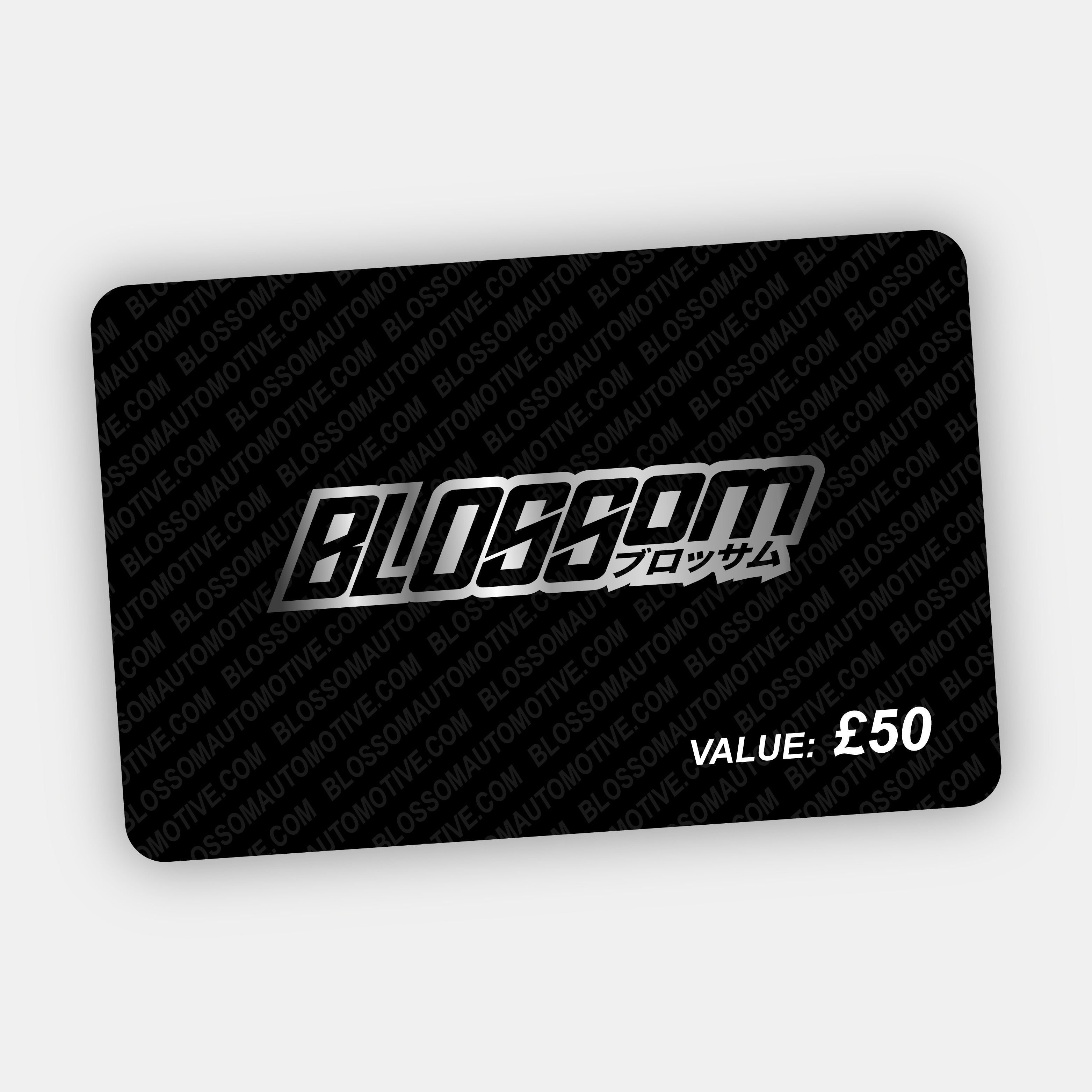 A Blossom Automotive E-Gift Card worth £50, featuring bold silver "BLOSSOM" lettering, Japanese text below, and a repeating "BLOSSOMCAU" pattern on a black background. Brand: Blossom Automotive.