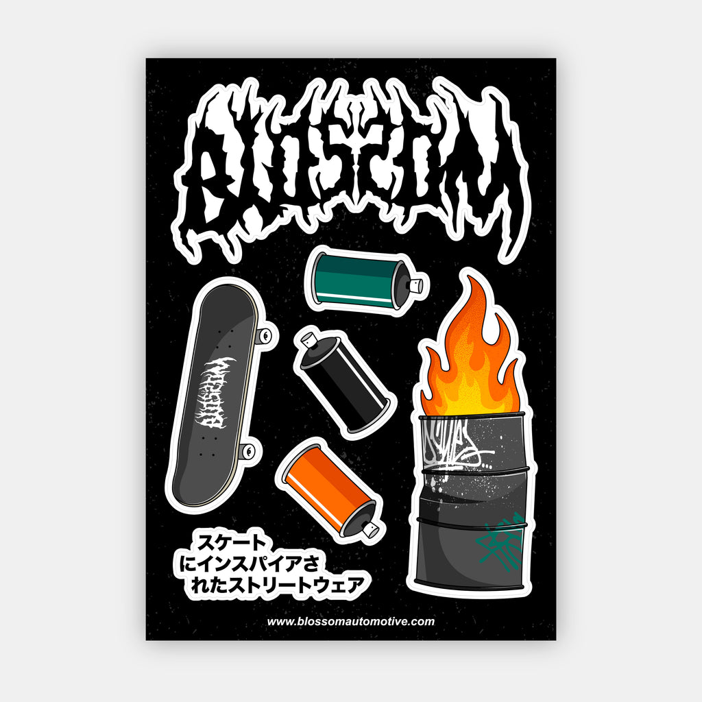'The Skate Collection' Sticker Sheet by Blossom Automotive features a jagged white "Blossom" font, skateboard, spray cans, flaming barrel, Japanese text on black, plus a website link at the bottom.