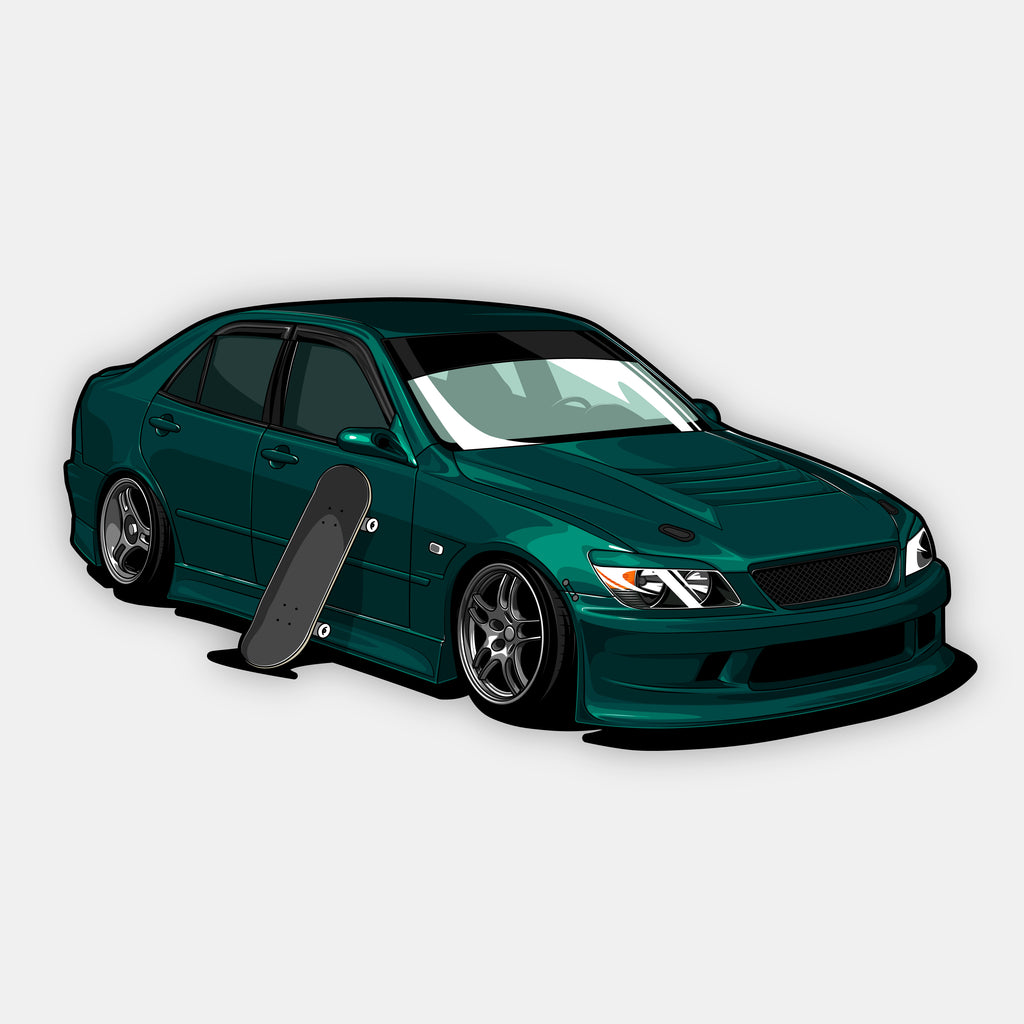 A Blossom Automotive IS200 - Slap Sticker in dark green, lowered with tinted windows, is parked at an angle against a plain light gray background. A black skateboard rests by the front passenger door.