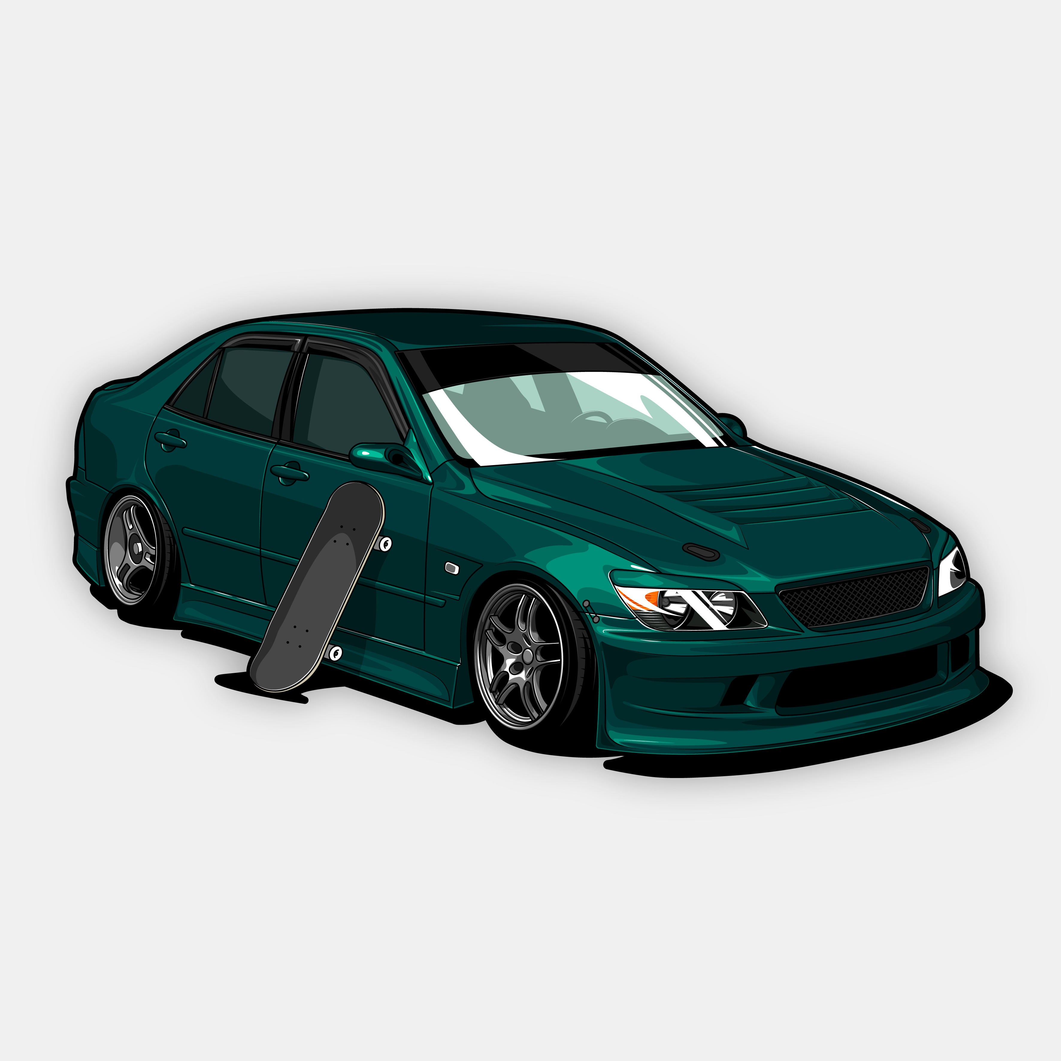 A Blossom Automotive IS200 - Slap Sticker in dark green, lowered with tinted windows, is parked at an angle against a plain light gray background. A black skateboard rests by the front passenger door.