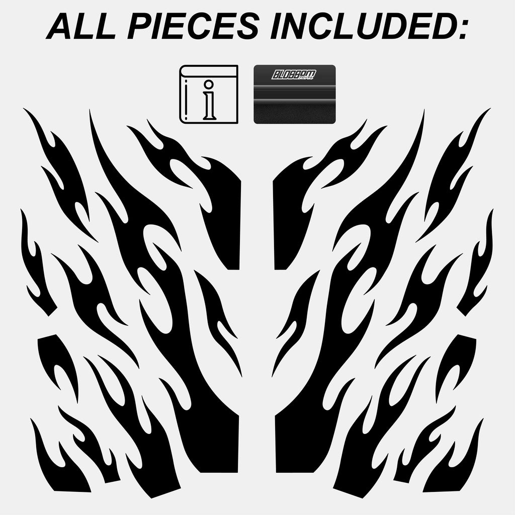 Image displays Blossom Automotive’s DIY 'Kaji Style' Tribal Universal CUSTOMISABLE Livery: black flame decal stickers in assorted shapes and sizes, an instruction booklet, and a squeegee tool. Text reads “ALL PIECES INCLUDED” on a light background.