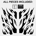Image displays Blossom Automotive’s DIY 'Kaji Style' Tribal Universal CUSTOMISABLE Livery: black flame decal stickers in assorted shapes and sizes, an instruction booklet, and a squeegee tool. Text reads “ALL PIECES INCLUDED” on a light background.