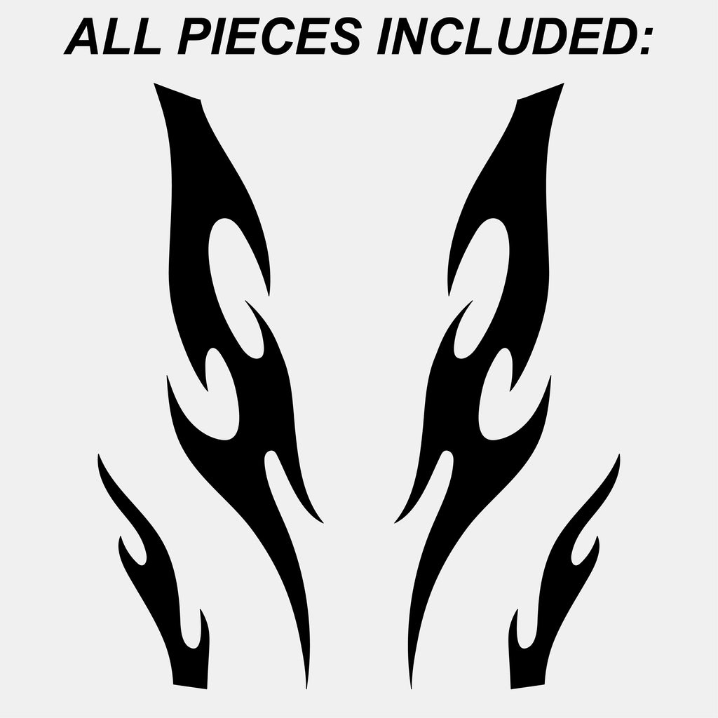 Four black 'Kaji Style' tribal flame decals by Blossom Automotive—two large, two small—are displayed on a light background. Bold, italic text at the top reads: ALL PIECES INCLUDED. Universal customisable hood decal set.