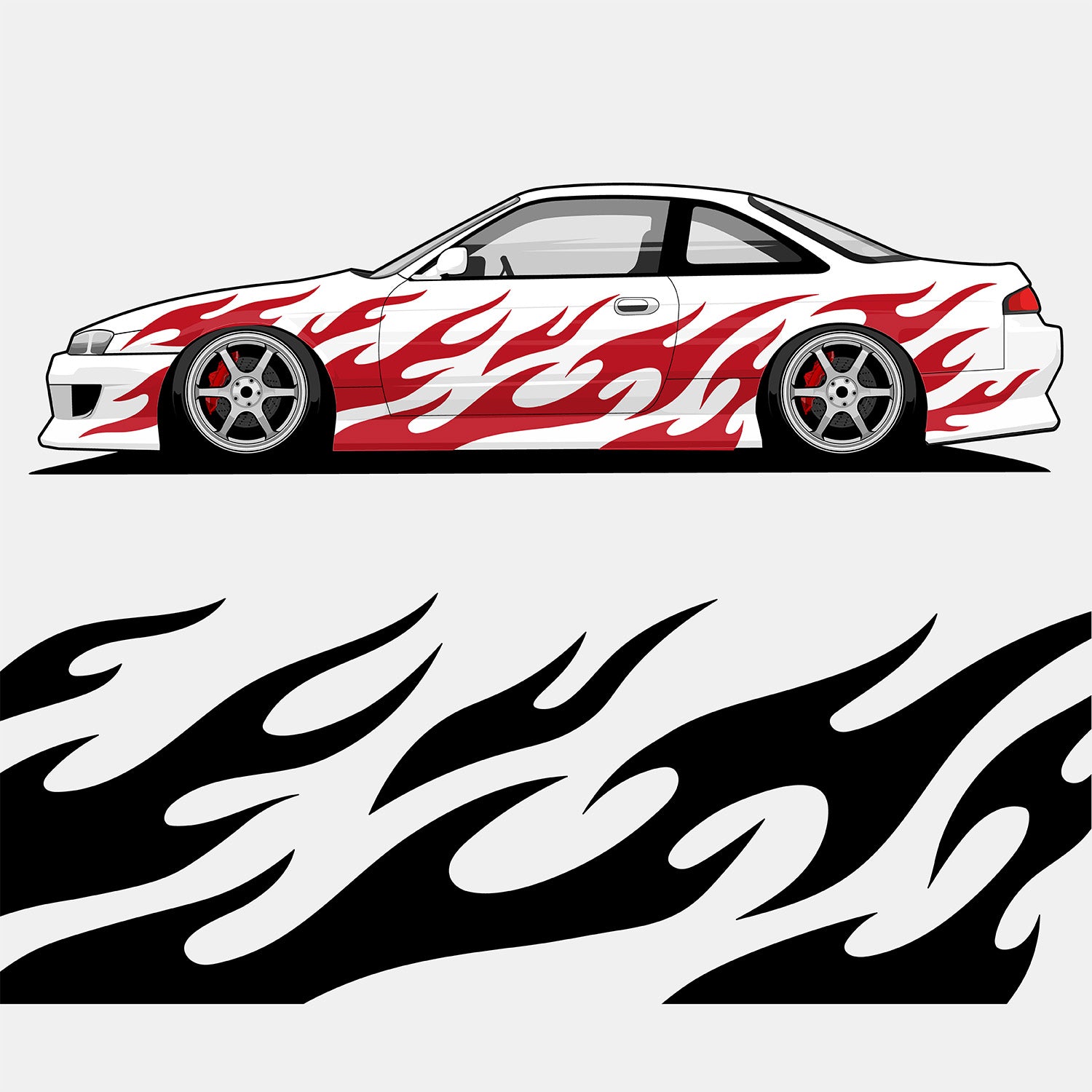 A white sports car with Blossom Automotive DIY 'Kaji Style' Tribal customisable livery featuring red flame decals, lowered with custom wheels. A matching black flame graphic is below on a light gray background.