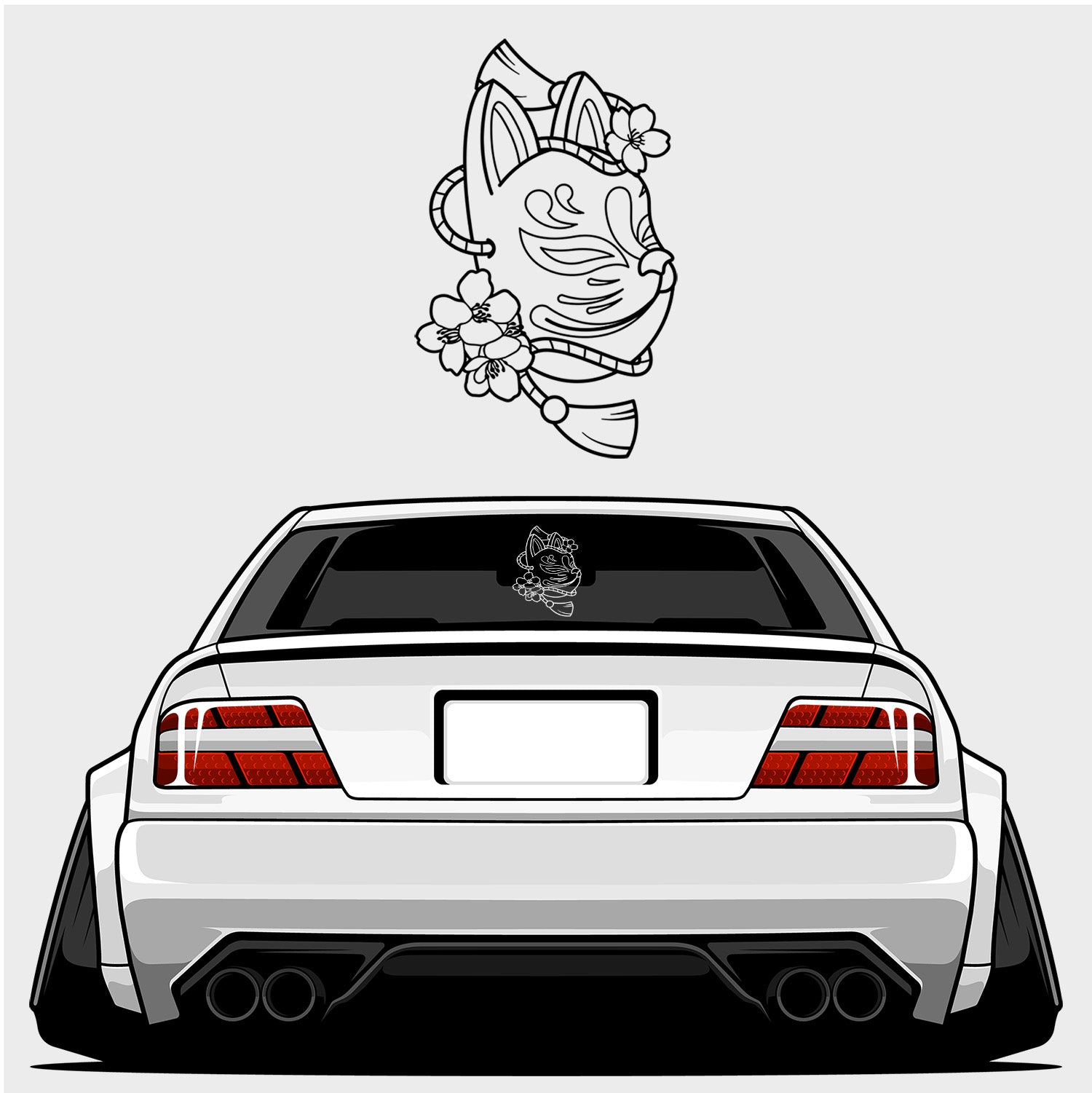 A white car with wide tires is seen from the rear, featuring Blossom Automotive’s Kitsune - XL Rear Window Die-Cut Sticker: a Japanese Kitsune mask with flowers, also illustrated above the car.