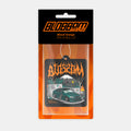 A packaged 'The Skate Collection' Blood Orange air freshener by Blossom Automotive features Japanese text, a teal car drifting before graffiti and flames, with "Blossom" in bold orange jagged letters above.