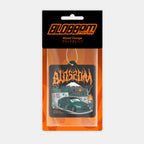 A packaged 'The Skate Collection' Blood Orange air freshener by Blossom Automotive features Japanese text, a teal car drifting before graffiti and flames, with "Blossom" in bold orange jagged letters above.