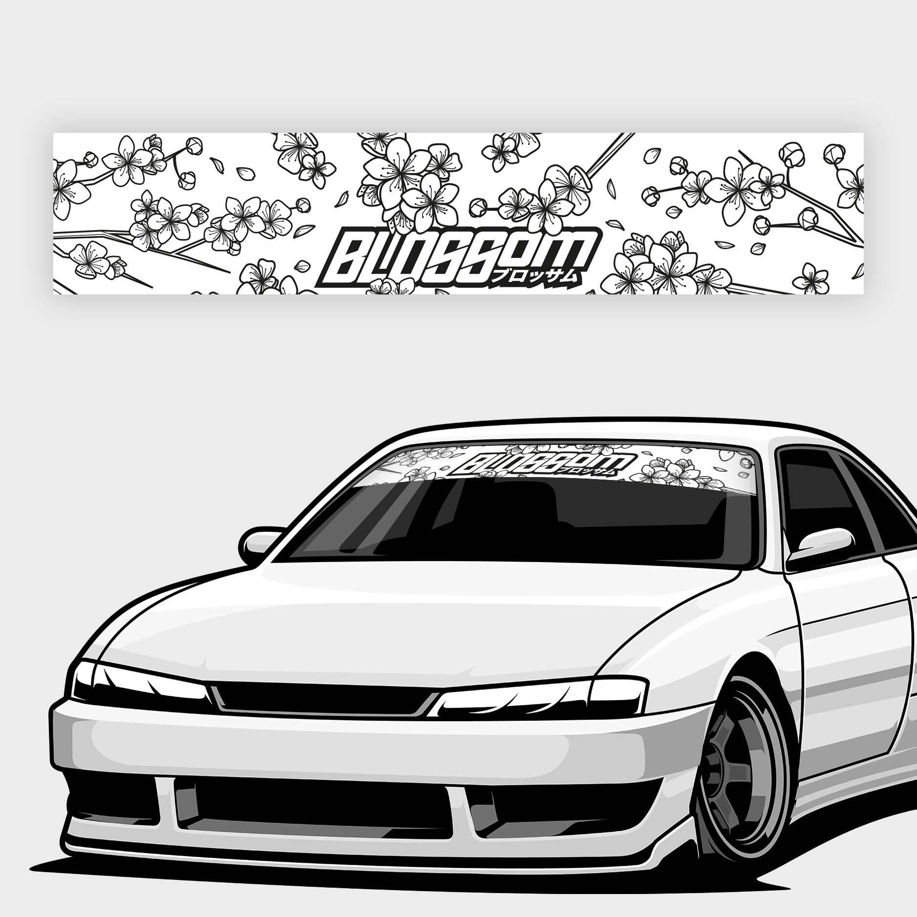 A white car displays the Blossom Automotive Blossom Outline Sunstrip V2 (Gloss), featuring bold "Blossom" text, Japanese characters, and black-and-white cherry blossom illustrations across the windshield.