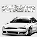 A white car displays the Blossom Automotive Blossom Outline Sunstrip V2 (Gloss), featuring bold "Blossom" text, Japanese characters, and black-and-white cherry blossom illustrations across the windshield.
