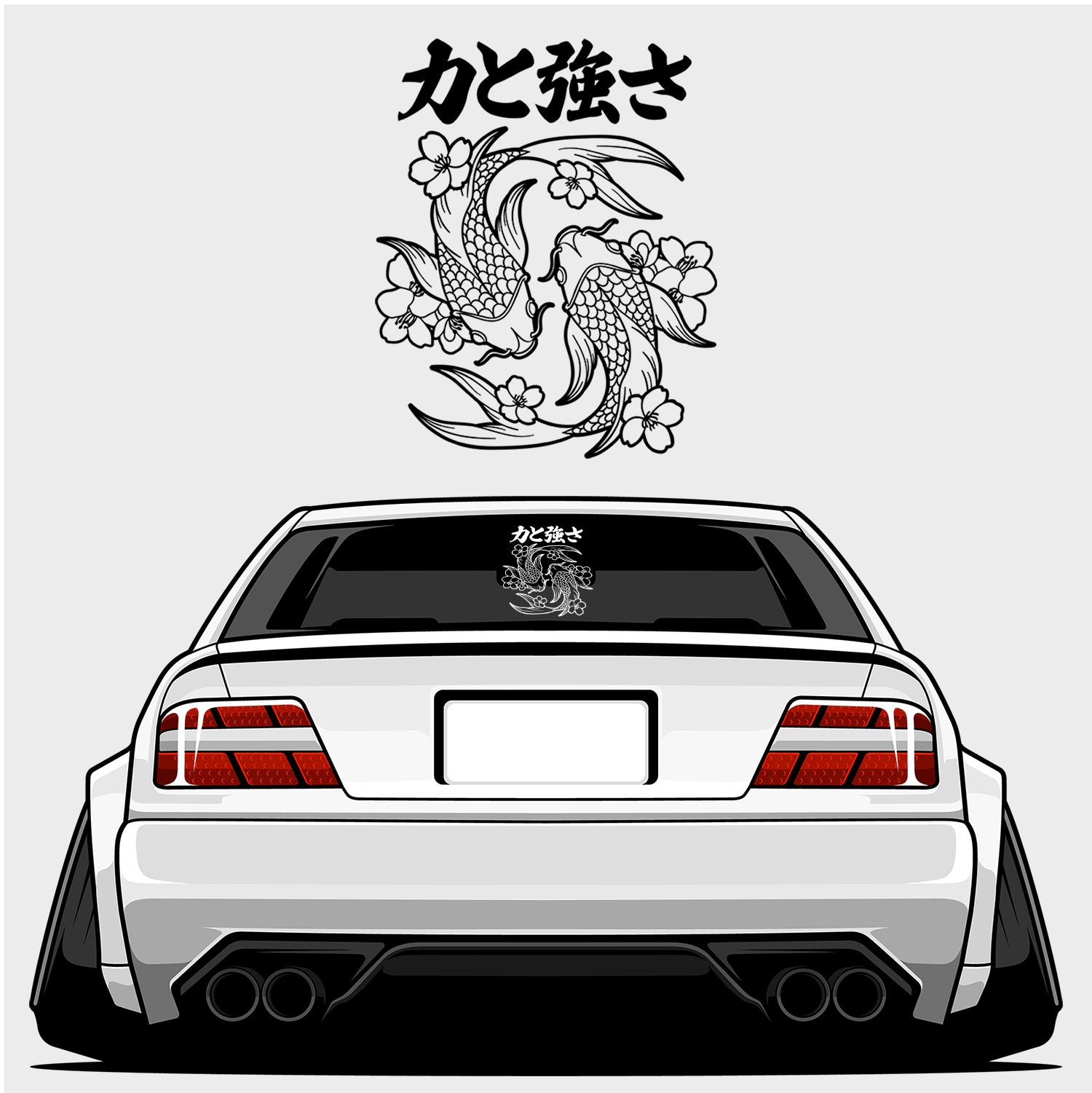 A widebody white sports car seen from the rear features the Blossom Automotive "Strength & Power Koi Fish" XL die-cut sticker on its window, with koi fish and Japanese tattoo-style flowers and text above the car.