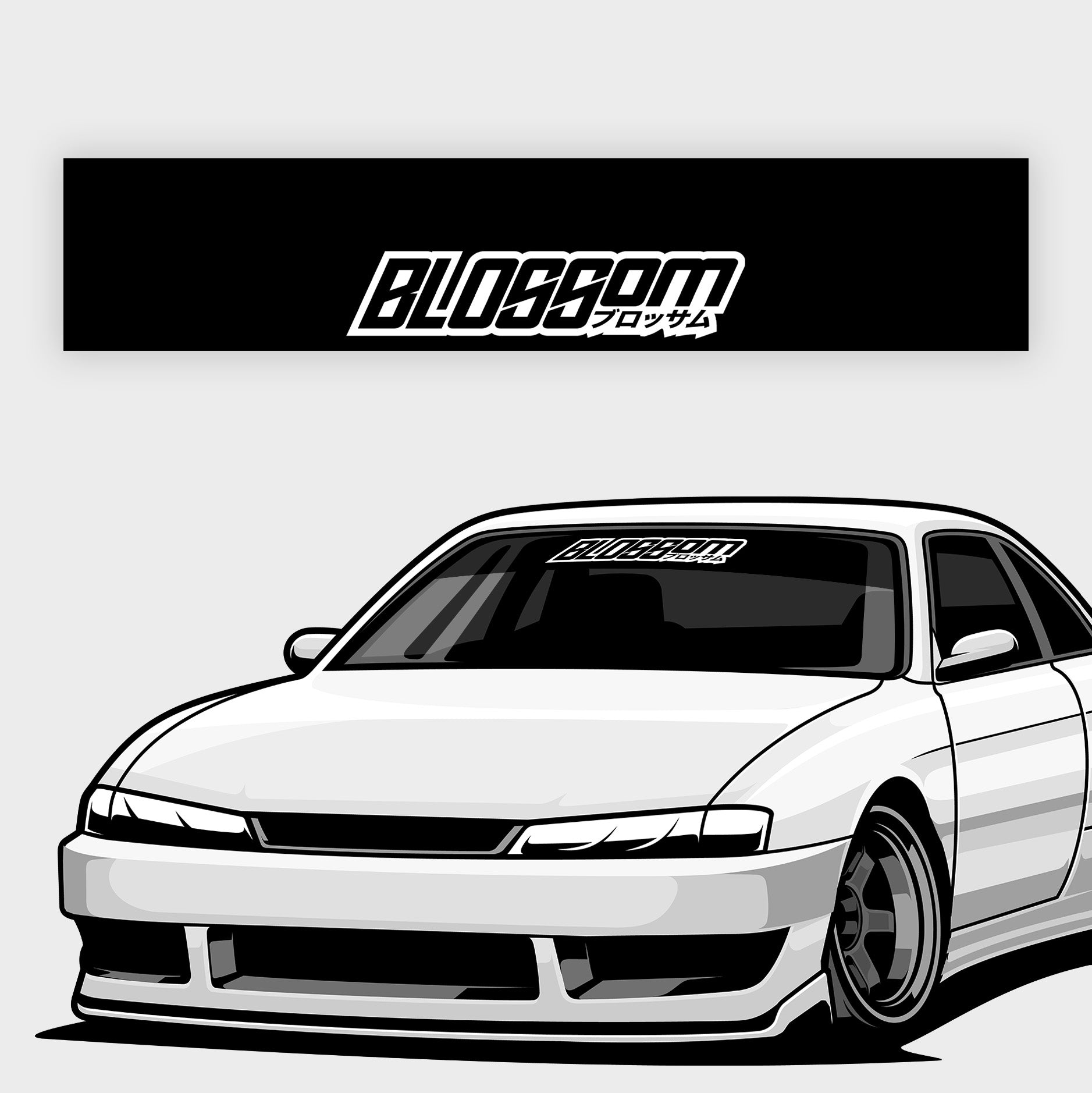 A black and white illustration shows a modified car with a bold “Blossom” sunstrip banner by Blossom Automotive on the windshield, Japanese text below it, and a matching Blossom - Sunstrip Banner displayed above the car.